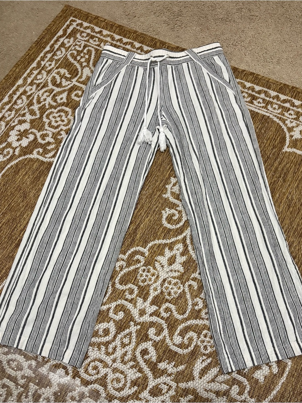 JOLT Women’s Large Cream Stripe Wide Leg Linen Blend Pull On Tie Pants Boho Chic